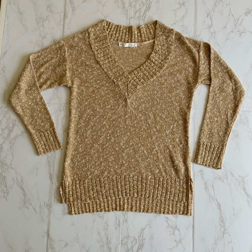 Beige & Gold V-Neck, Long Sleeve Sweater Top - Sfera S